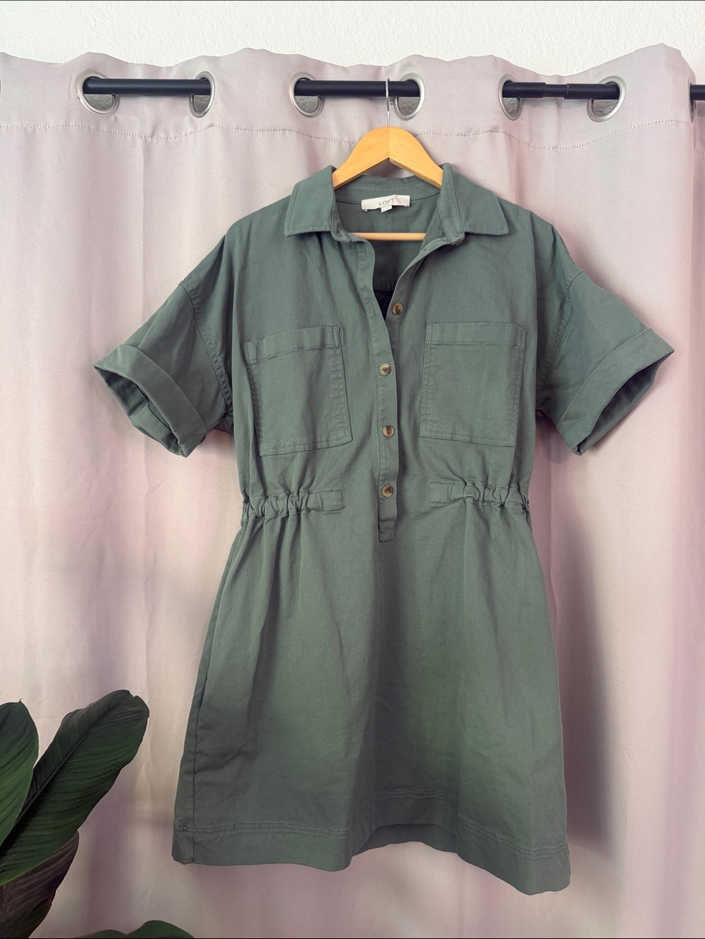 LOFT Olive Green Short Sleeve Shirt Dress